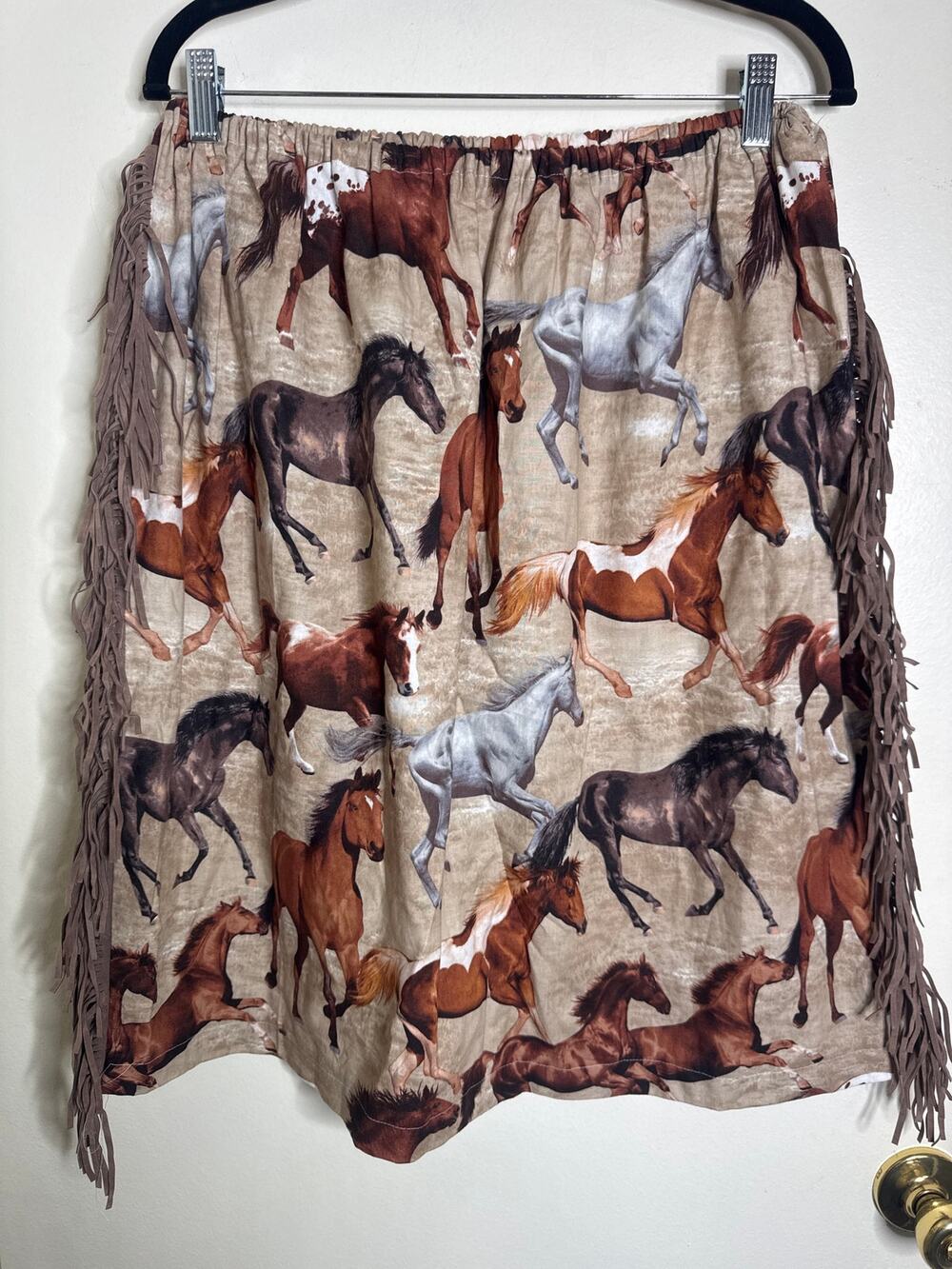 Handmade Western Cowgirl Fringe Skirt - Wild Horses Print, Women's Size Large